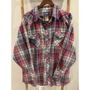 Wrangler Wrancher Long Sleeve Plaid Button Up Pearl Snap Size 3x Red Grey Blue